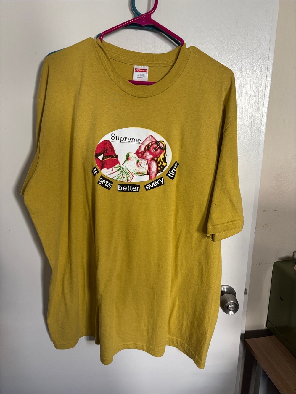 Supreme Mustard Short Sleeve Tee with Pink & Green Graphic